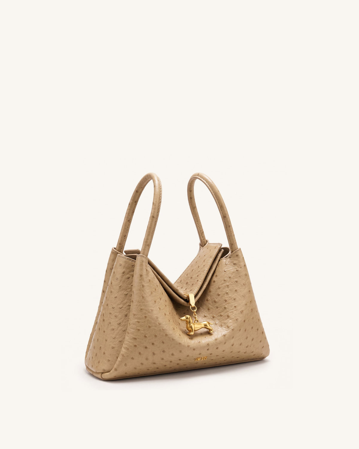Maelle Faux Ostrich Grain Dachshund Charm Double Handle Bag - Brown | JW PEI