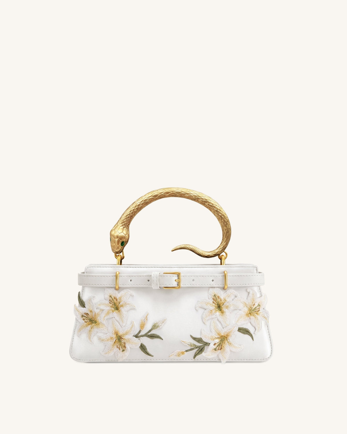 Elena Snake Handle Lily Embroidered Top Handle Bag - White | JW PEI