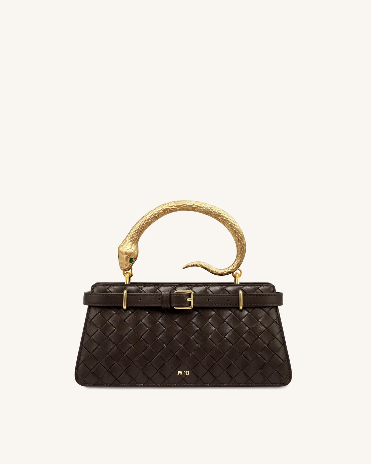 Elena Snake Handle Woven Texture Top Handle Bag - Espresso | JW PEI