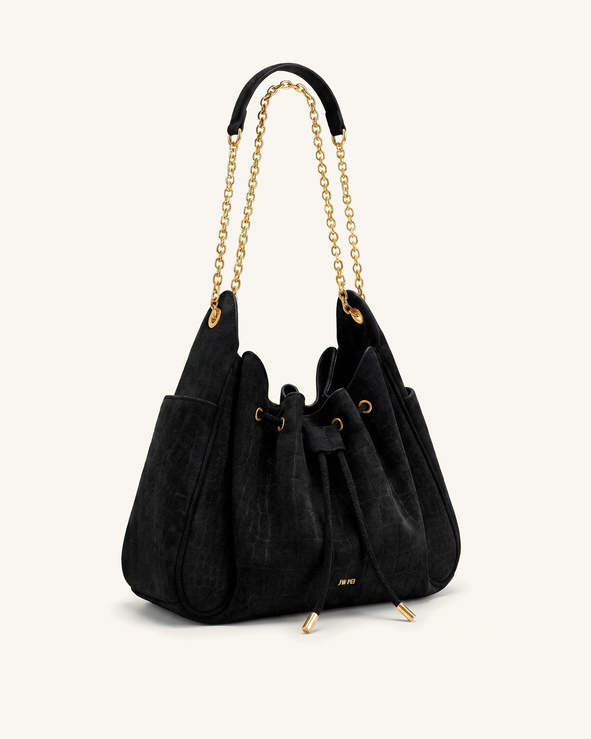 Rowan Faux Suede Drawstring Chain Bucket Bag - Cool Black Croc | JW PEI