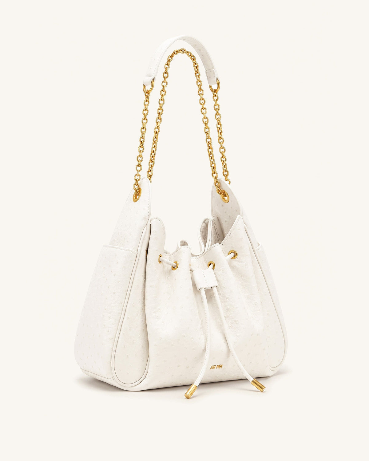 Rowan Faux Ostrich Grain Ruched Drawstring Chain Bucket Bag - Cream Wh | JW PEI