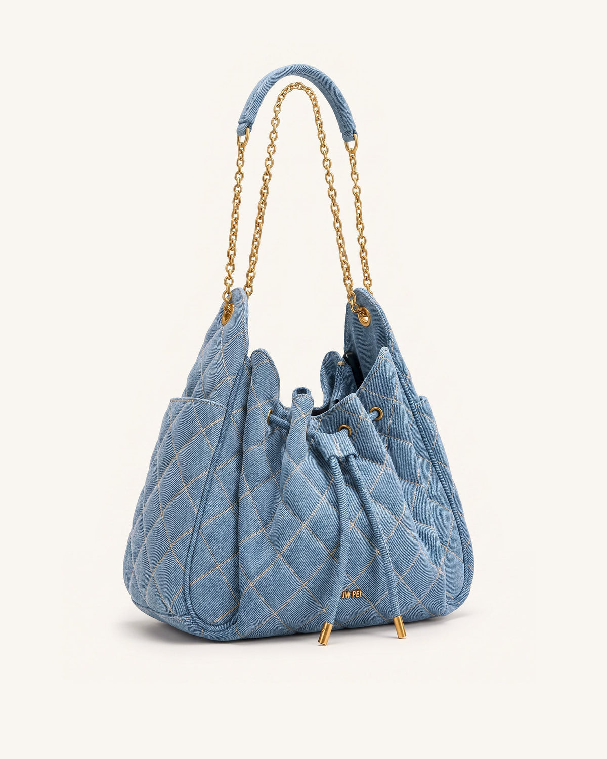 Rowan Ruched Quilting Drawstring Chain Bucket Bag - Blue Denim | JW PEI