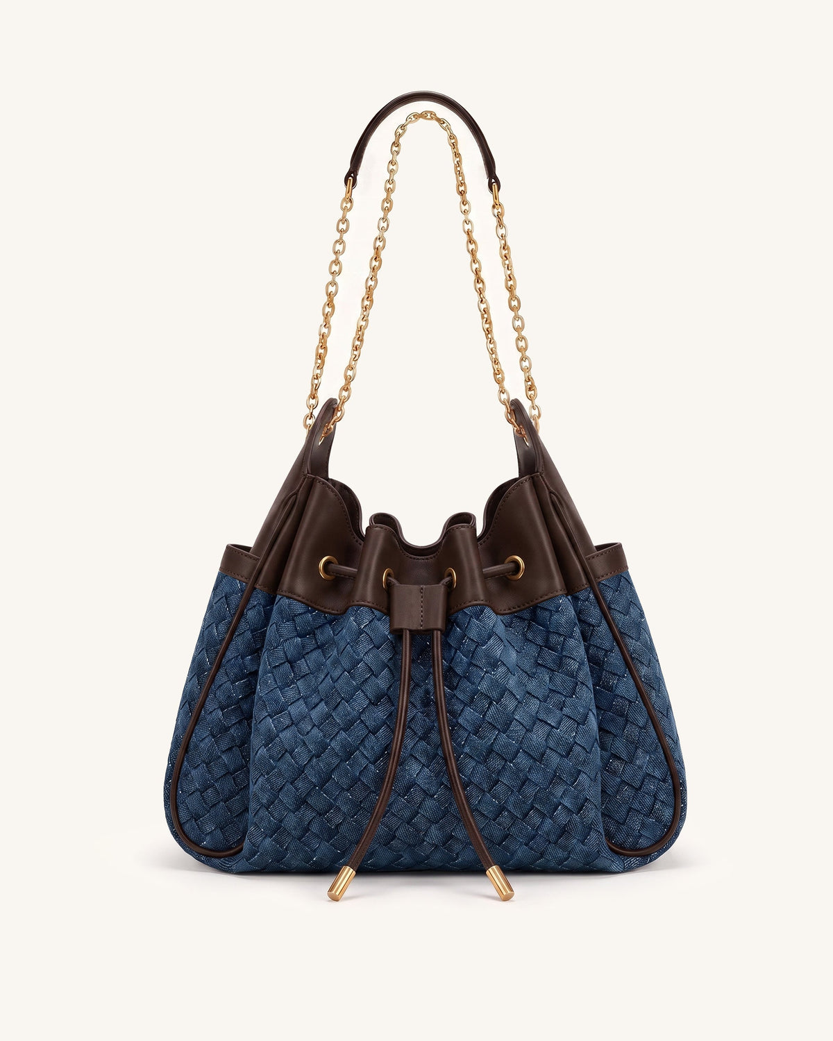 Rowan Weaving Ruched Drawstring Chain Bucket Bag - Sea Blue Denim | JW PEI