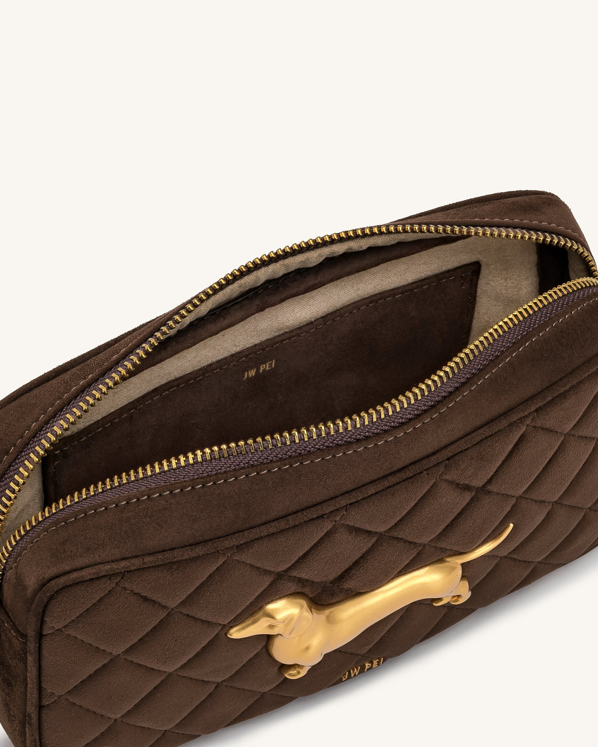 Riley Faux Suede Dachshund Quilted Shoulder Bag - Dark Brown | JW PEI