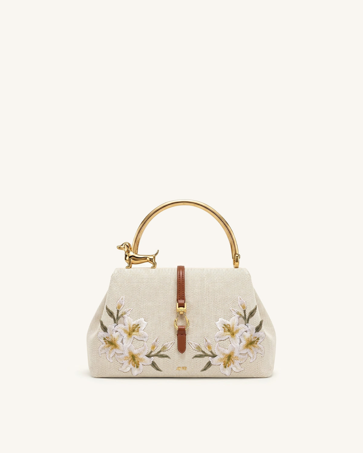 Bruna Dachshund Metal Handle Lily Embroidered Top Handle Bag - Brown C | JW PEI