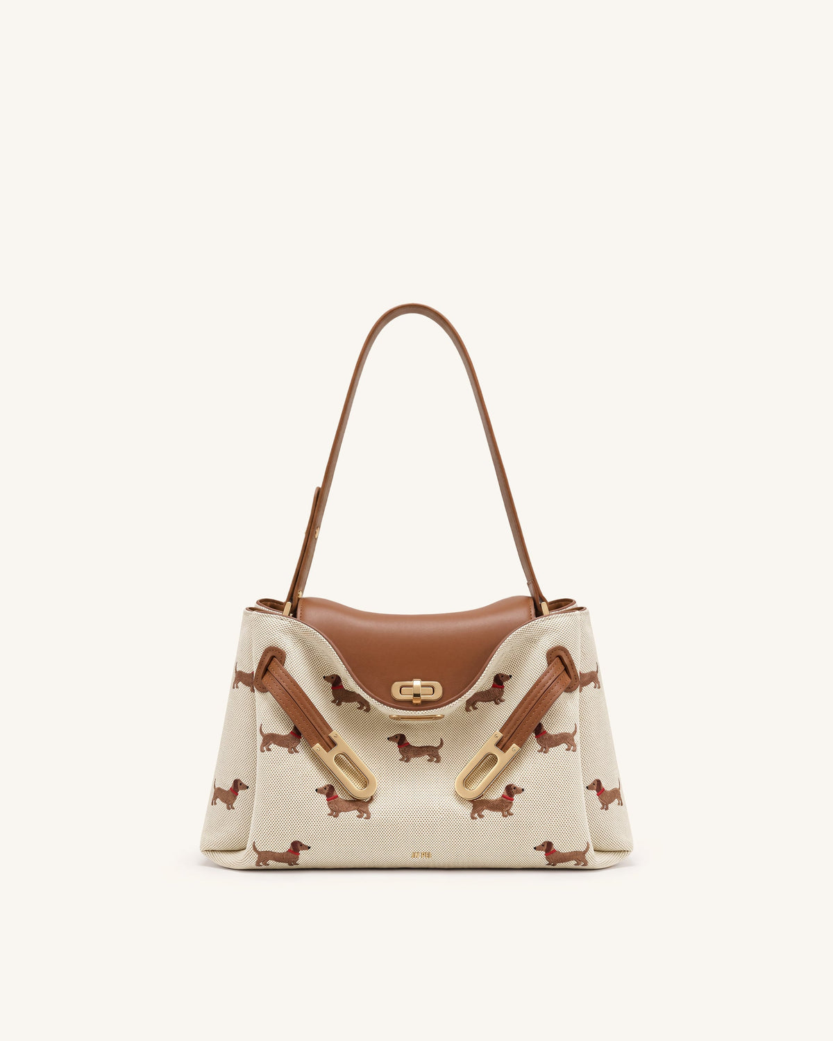 Rhea Dachshund Embroidered Double Buckle Shoulder Bag - Brown Canvas | JW PEI