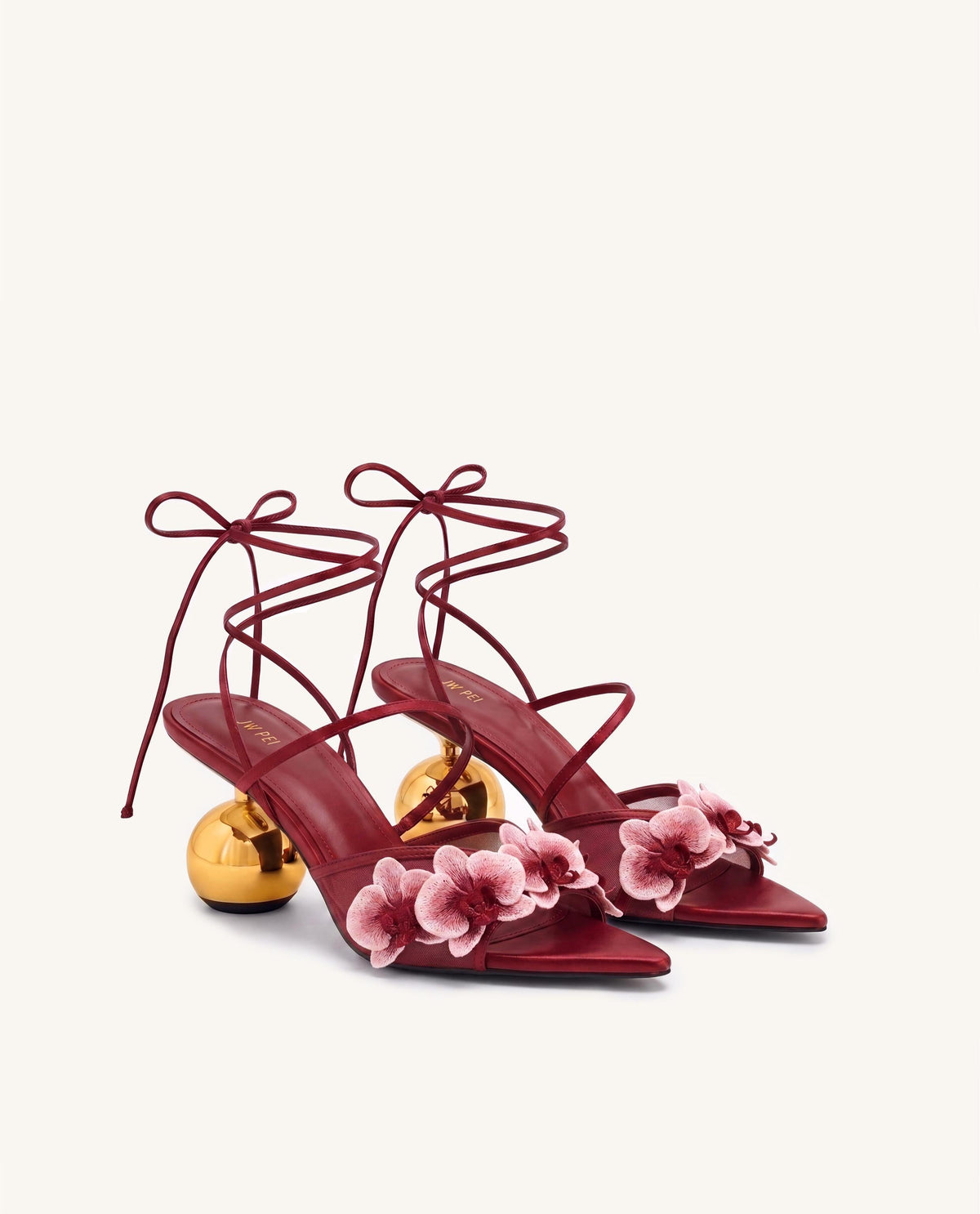 Celia Orchid Embroidered Sphere Heel Lace-Up Sandals - Burgundy | JW PEI
