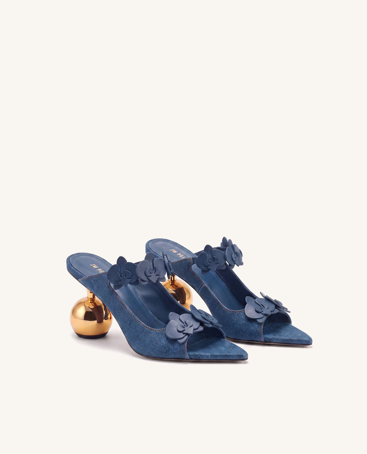 Rosalie Orchid Appliqué Sphere Heel Mules - Denim Blue | JW PEI