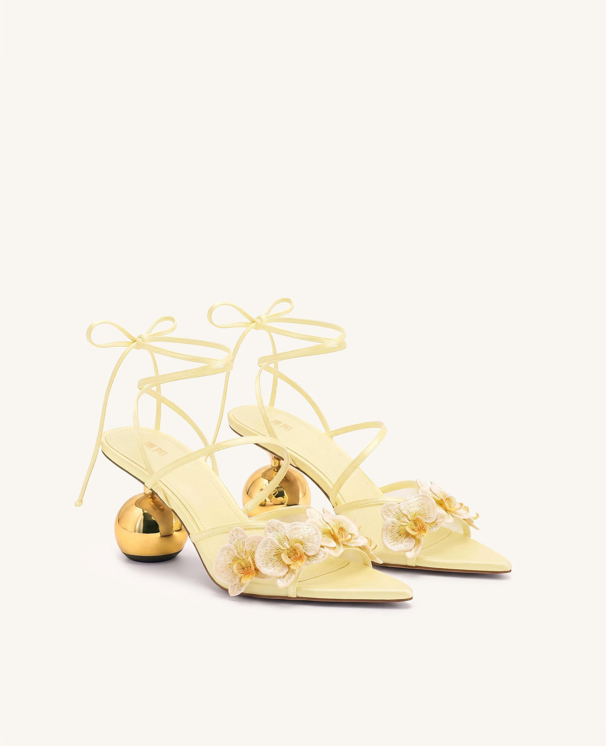 Celia Orchid Embroidered Sphere Heel Lace-Up Sandals - Yellow | JW PEI