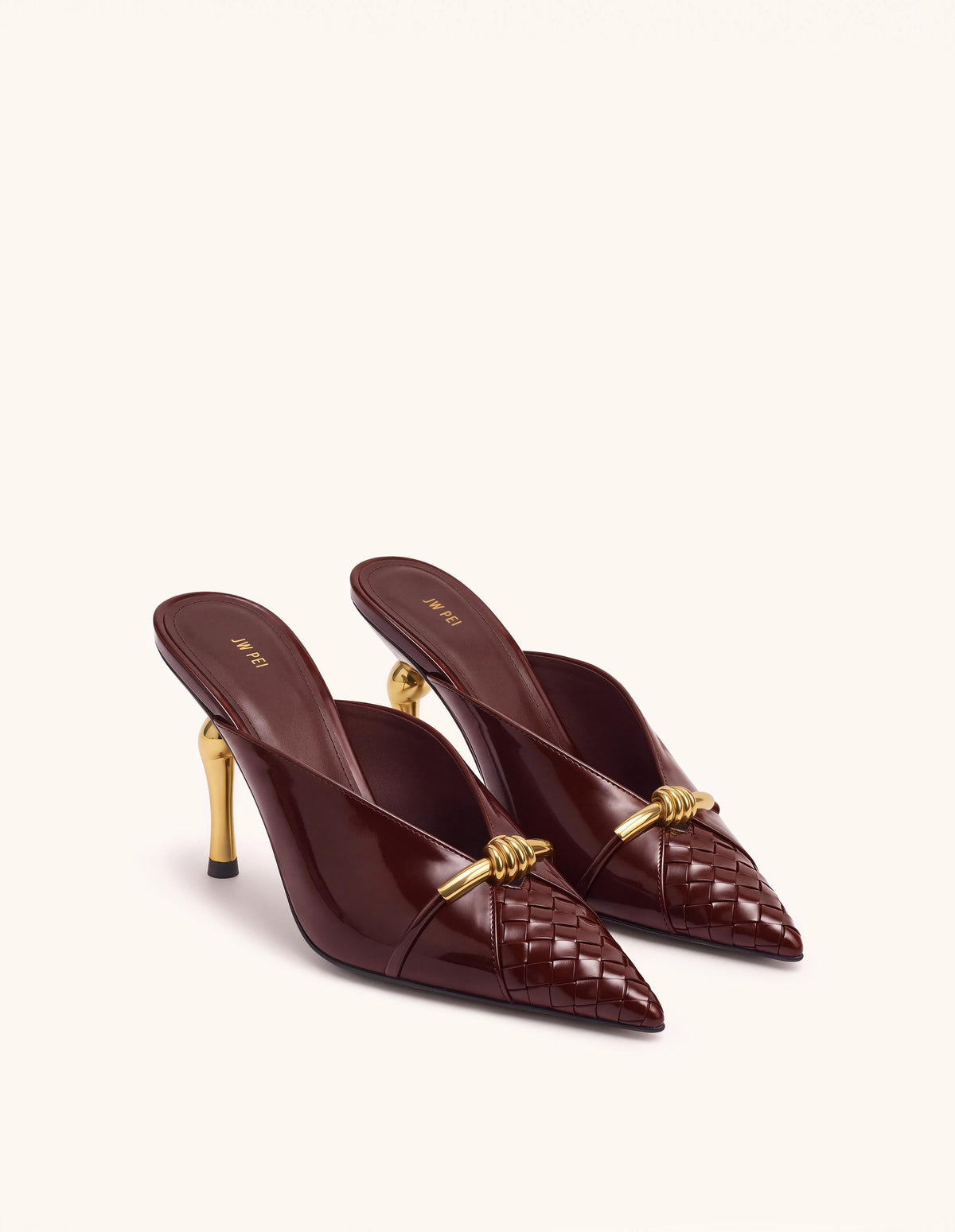 Lena Metal Rope Knot Woven Panel Mules - Burgundy | JW PEI
