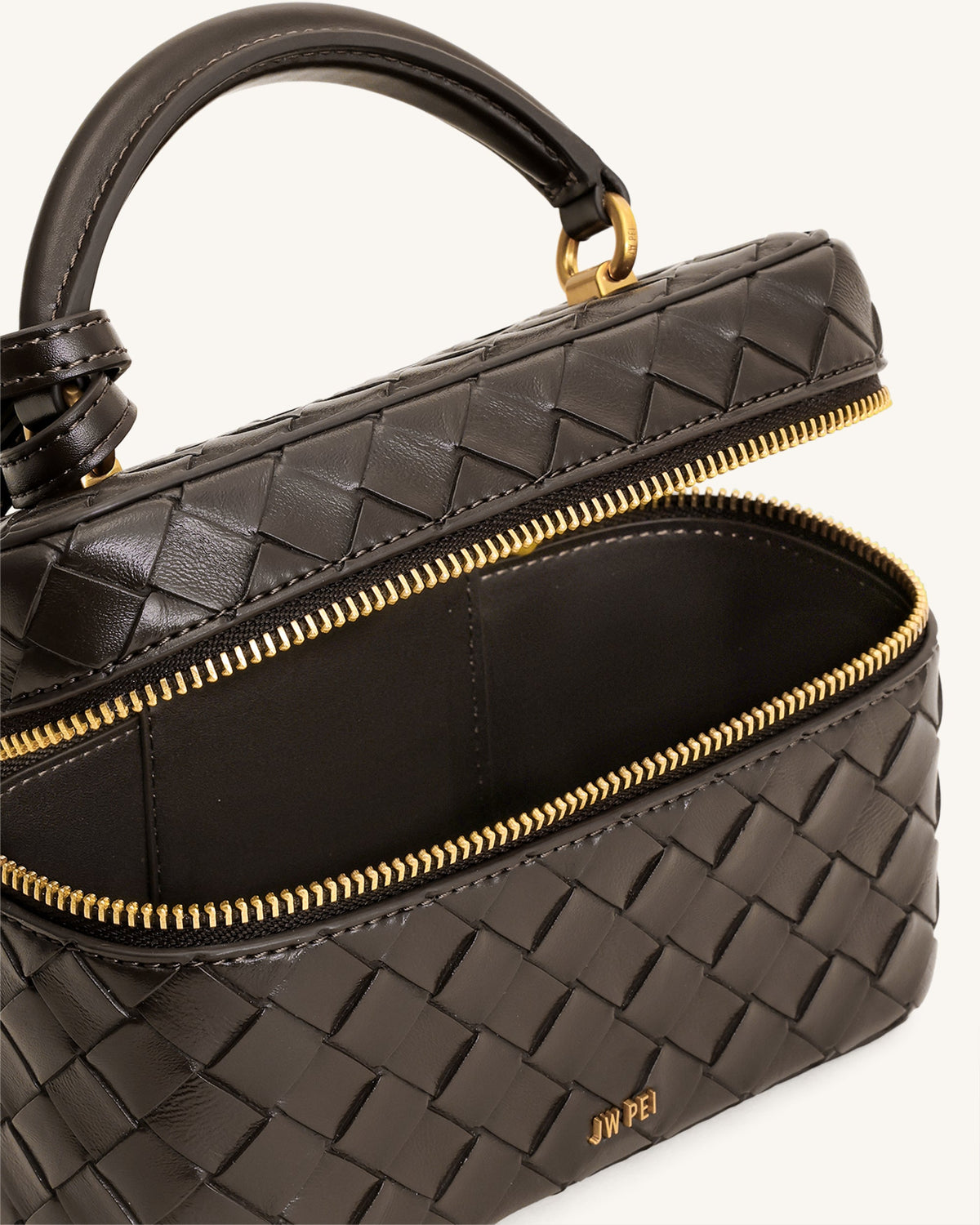 Cleo Woven Texture Box Shape Top Handle Bag - Dark Brown | JW PEI