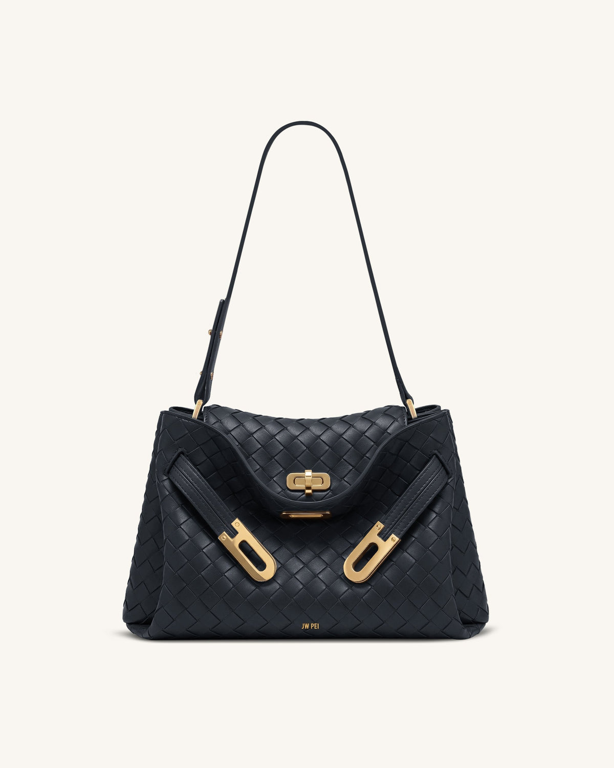 Rhea Woven Texture Double Buckle Shoulder Bag - Navy Blue | JW PEI