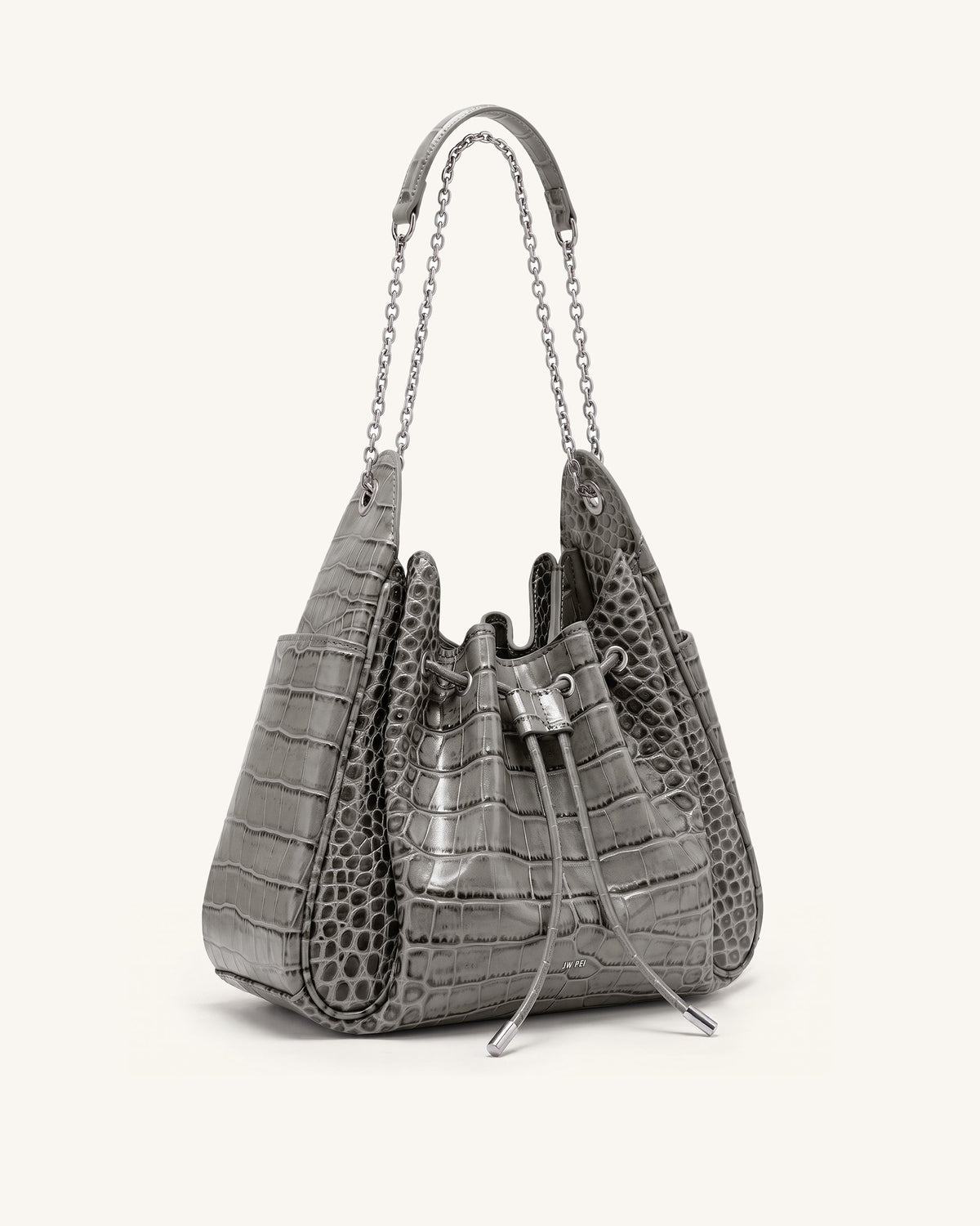 Rowan Ruched Drawstring Chain Bucket Bag - Grey Croc | JW PEI