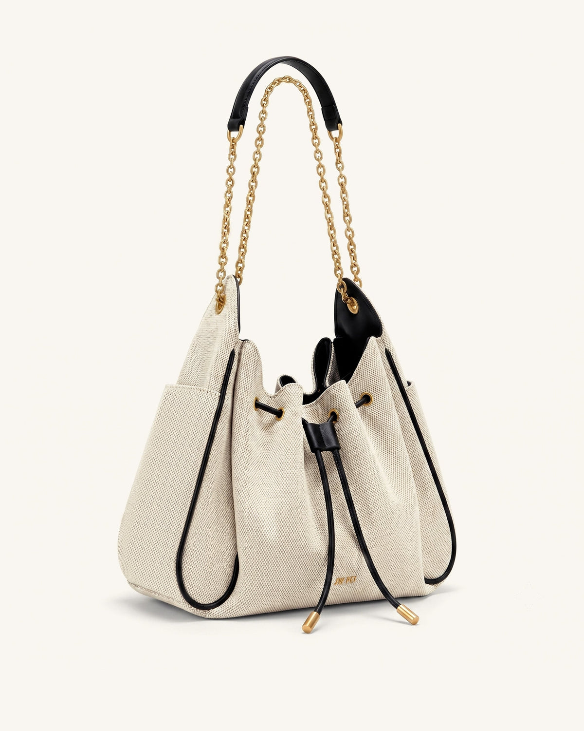 Rowan Ruched Drawstring Chain Bucket Bag - Black Canvas | JW PEI