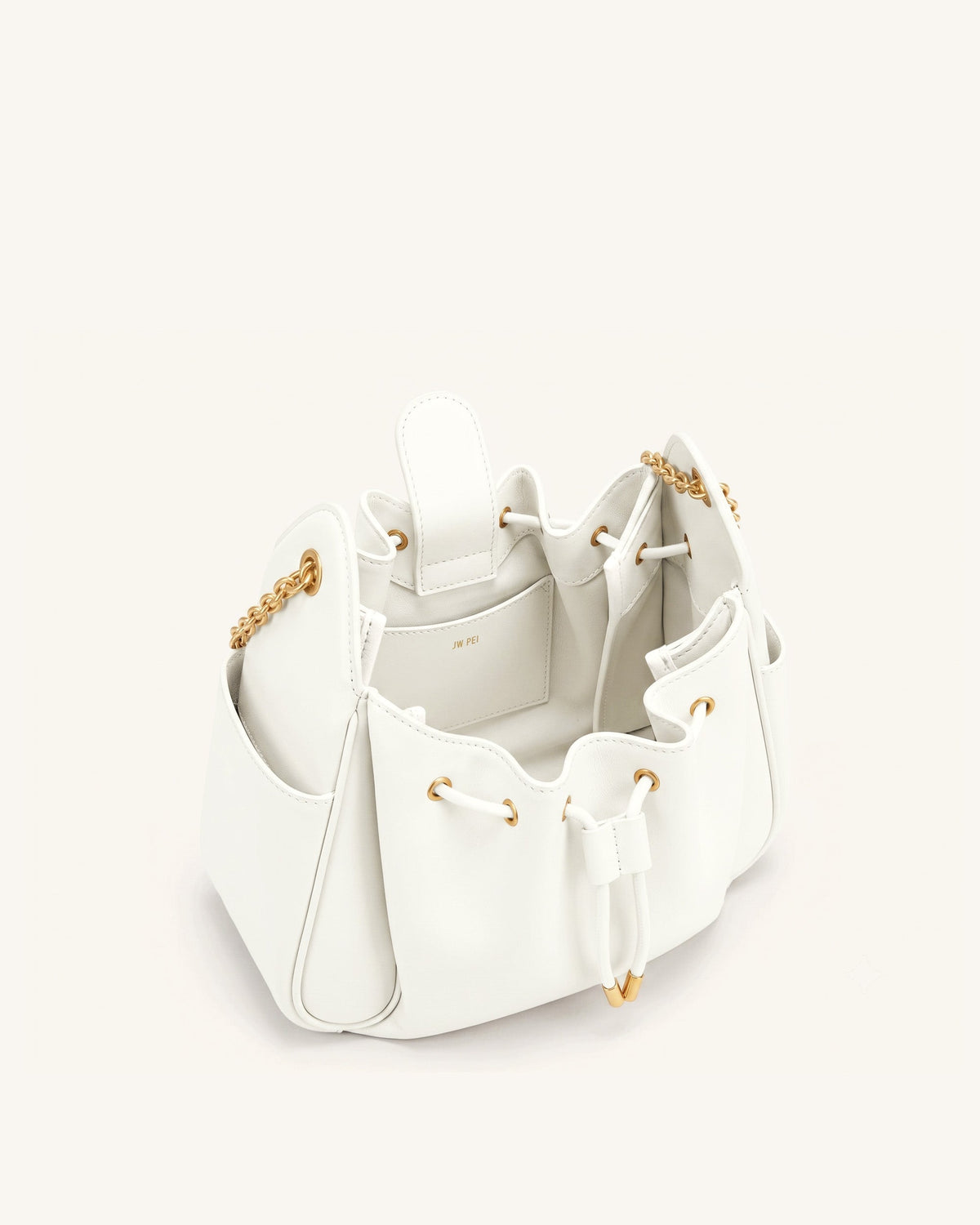 Rowan Ruched Drawstring Chain Bucket Bag - Ivory | JW PEI
