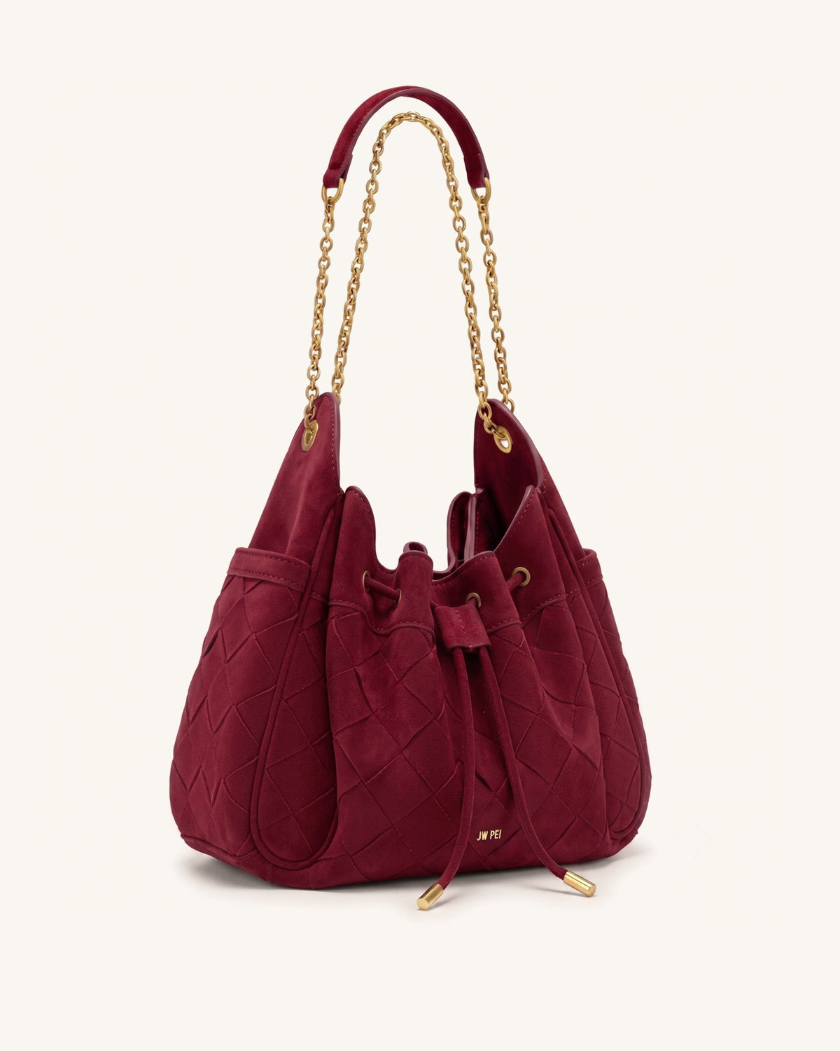 Rowan Faux Suede Weaving Ruched Drawstring Chain Bucket Bag - Dark Che | JW PEI