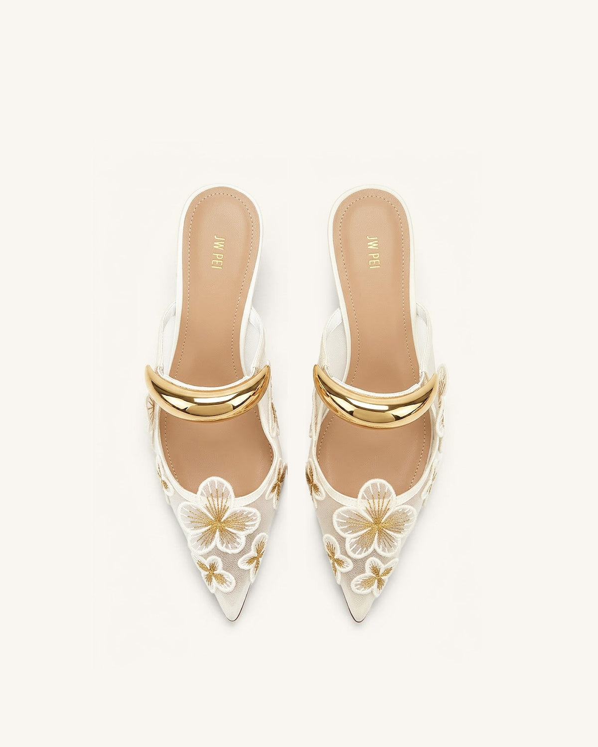 Helena Pierced Floral Mesh Mules - Ivory | JW PEI