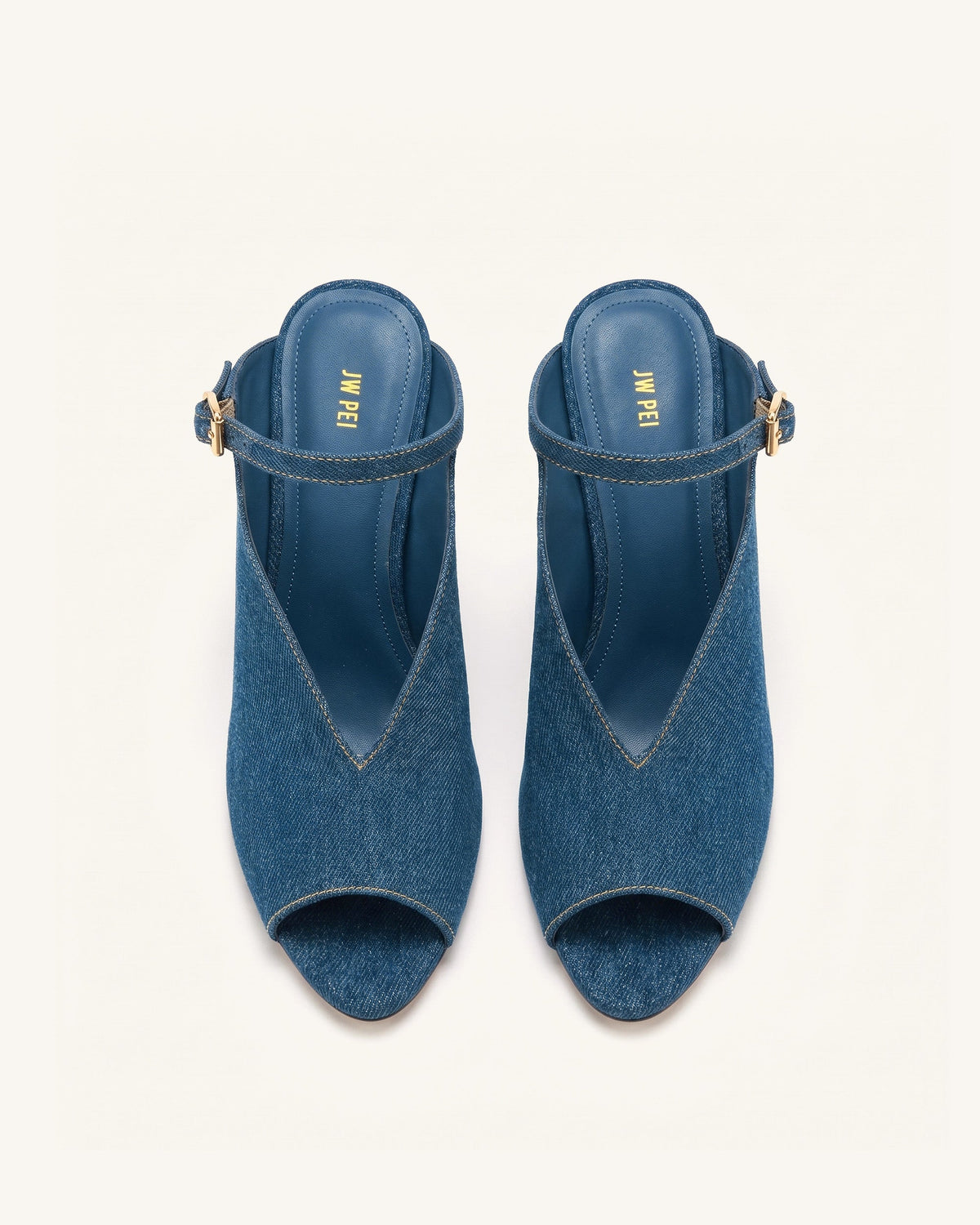 Alivia Gold Metal Peep-Toe Heels - Denim Blue | JW PEI
