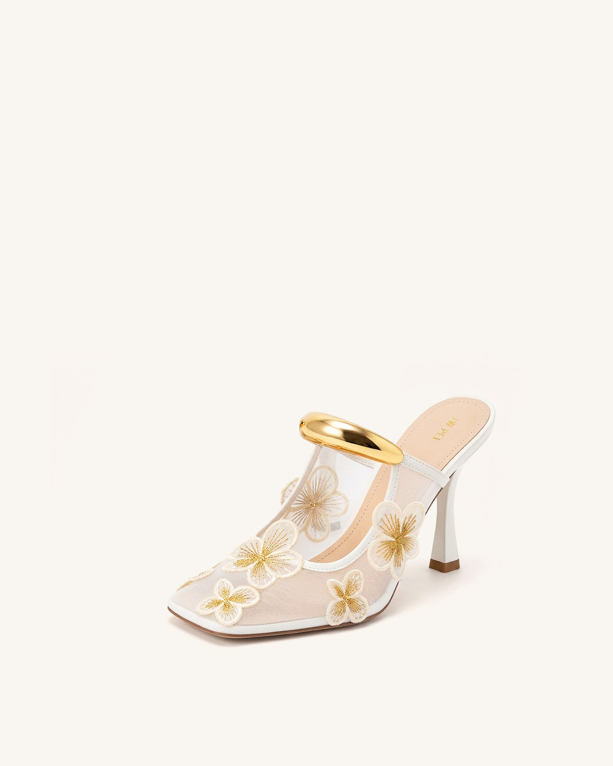Mireille Pierced Floral Embroidered Appliqué Mesh Mules - Ivory | JW PEI