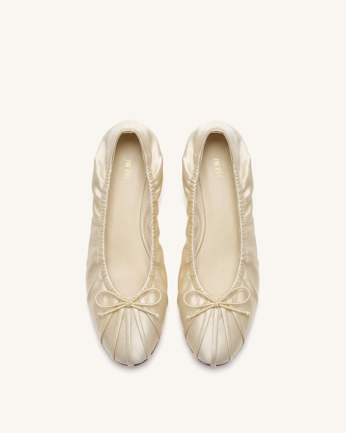 Solenne Ruched Drawstring Satin Ballet Flats - Beige | JW PEI