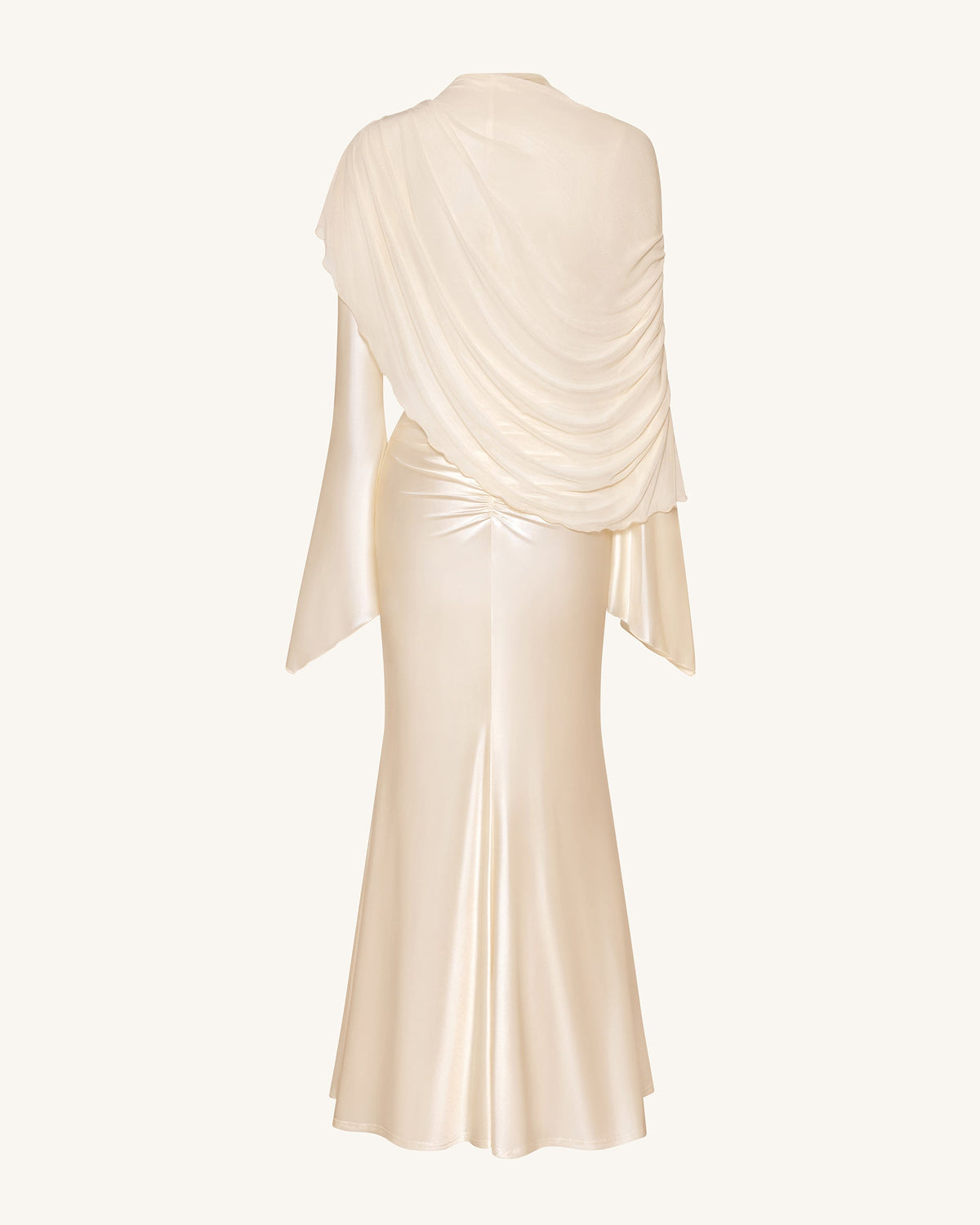 Sheer Shawl Ruched Bodycon Maxi Gown - Cream | JW PEI