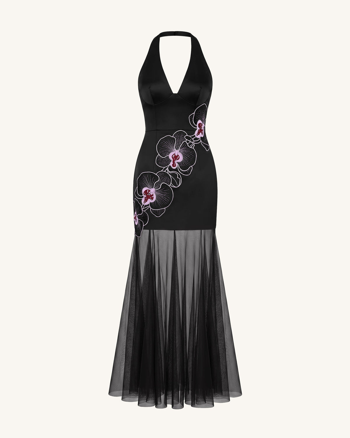 Orchid Embroidered Sheer Hem Halter Maxi Dress- Black Purple | JW PEI