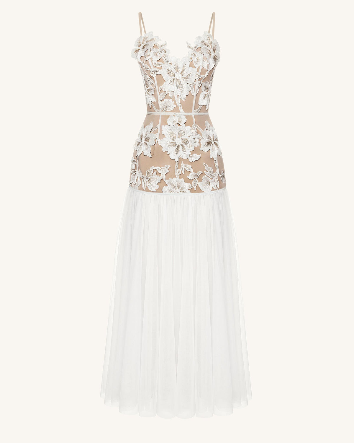 Floral Appliqué Sheer Tulle Maxi Dress - White | JW PEI