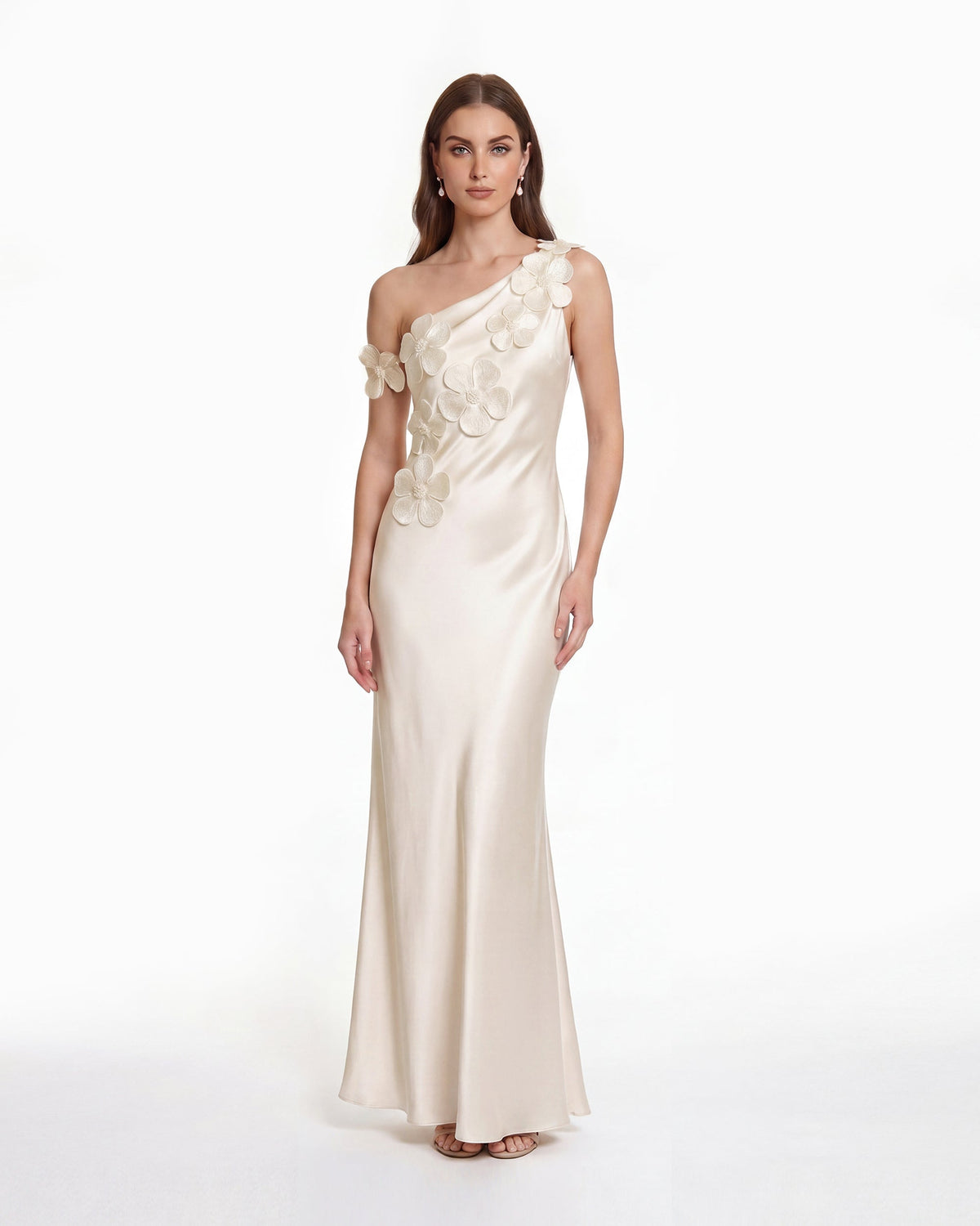 Floral Appliqué One Shoulder Sheath Maxi Dress - Ivory | JW PEI
