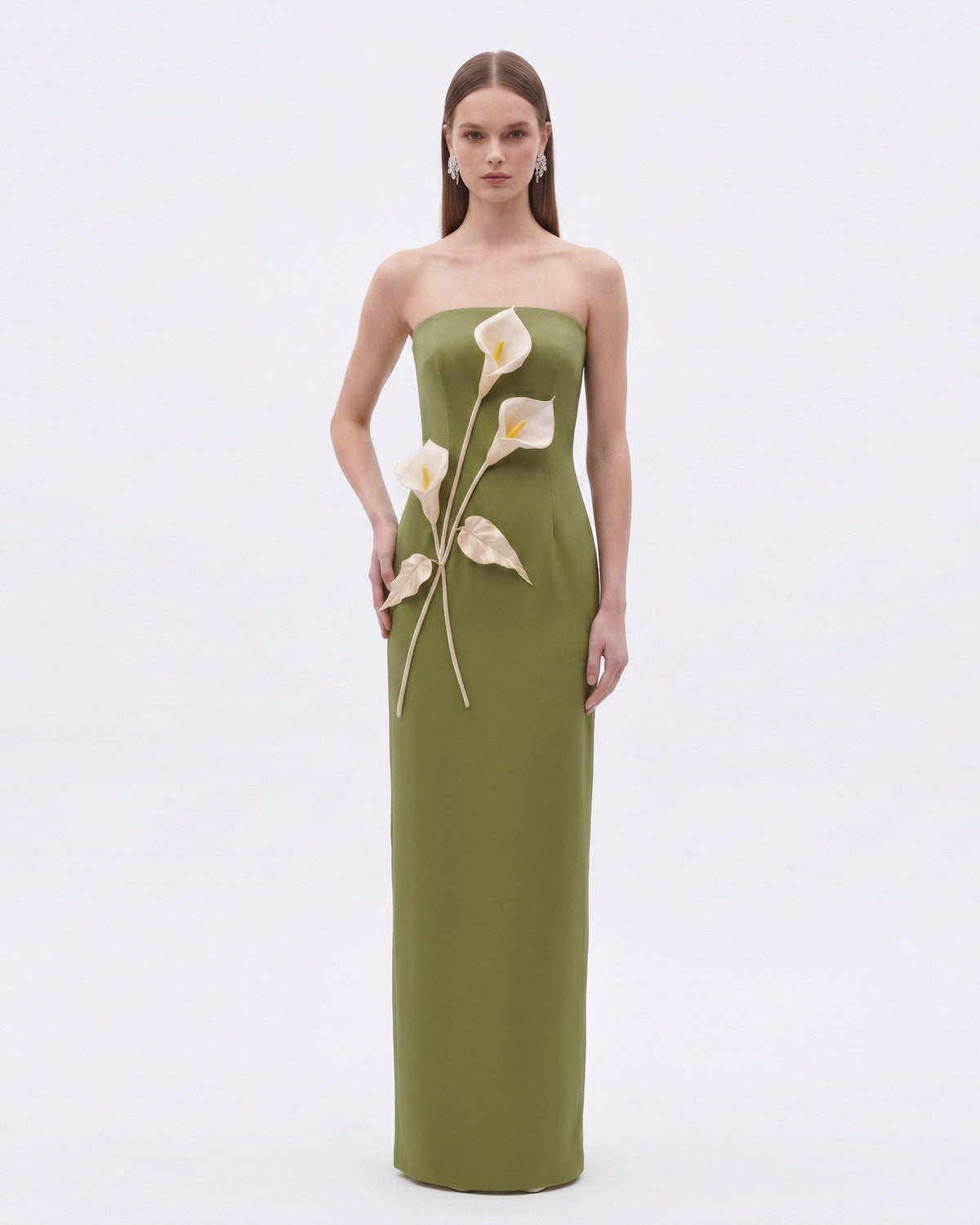Floral Appliqué Strapless Dress - Olive Green | JW PEI