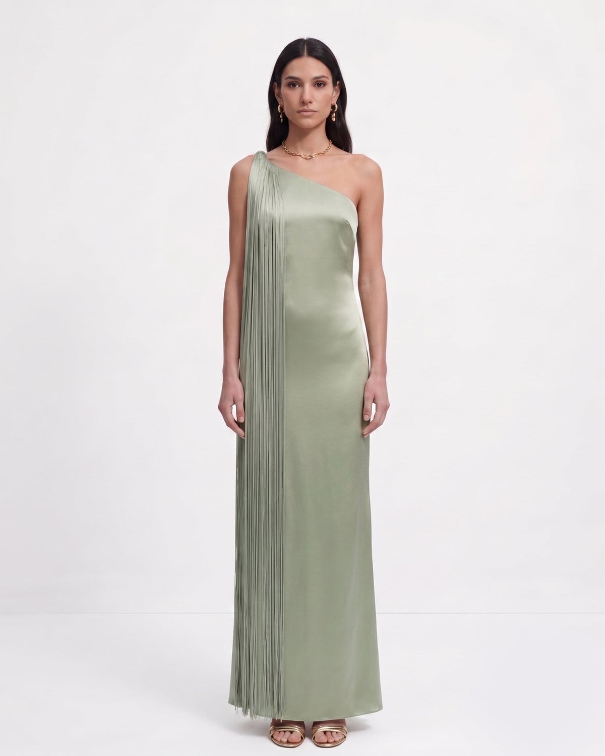 Fringe One Shoulder Maxi Dress - Sage Green | JW PEI