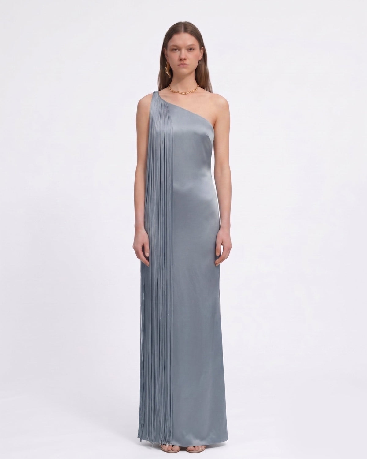 Fringe One Shoulder Maxi Dress - Misty Blue | JW PEI