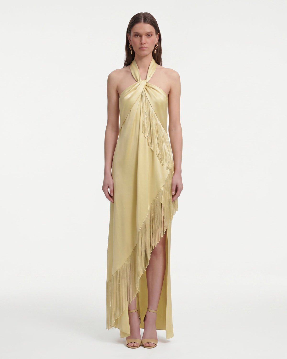 Fringe Halter Draped Satin Maxi Dress - Champagne | JW PEI