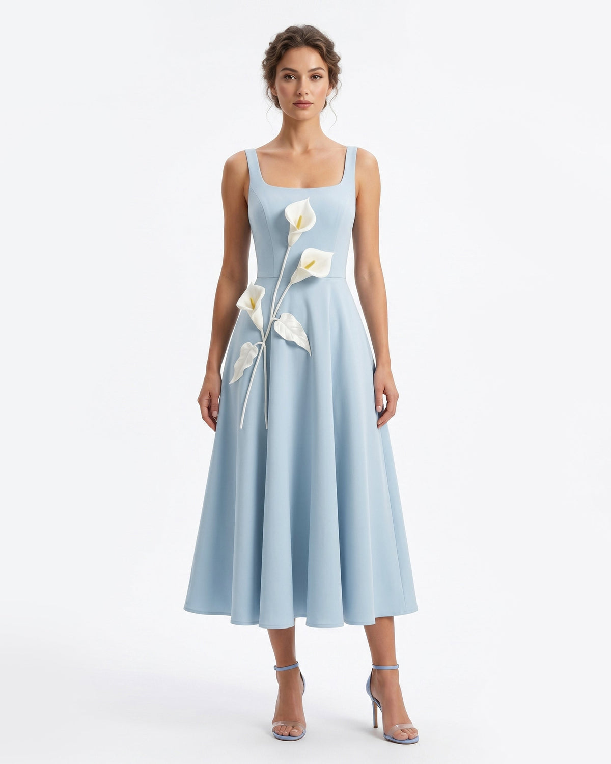 Floral Appliqué Square Neck Midi Dress - Light Blue | JW PEI