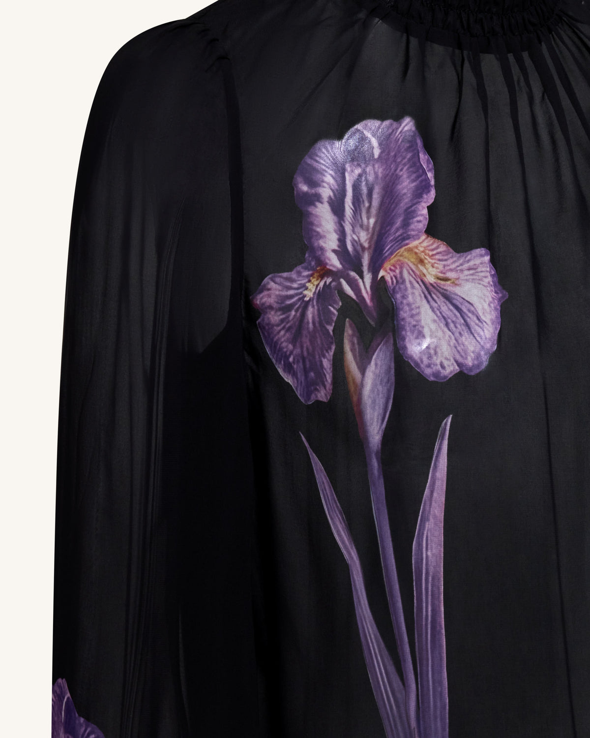 Iris Print Sheer High Neck Blouse - Black/Purple | JW PEI