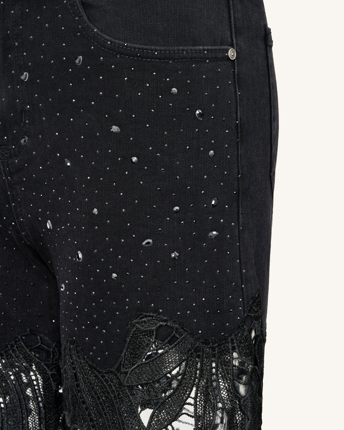 Embroidery High Rise Wide Leg Lace Denim Jeans With Rhinestone - Black | JW PEI