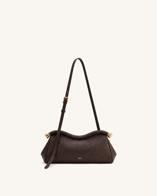 Naomi Faux Ostrich Grain Curved Shoulder Bag - Dark Brown | JW PEI