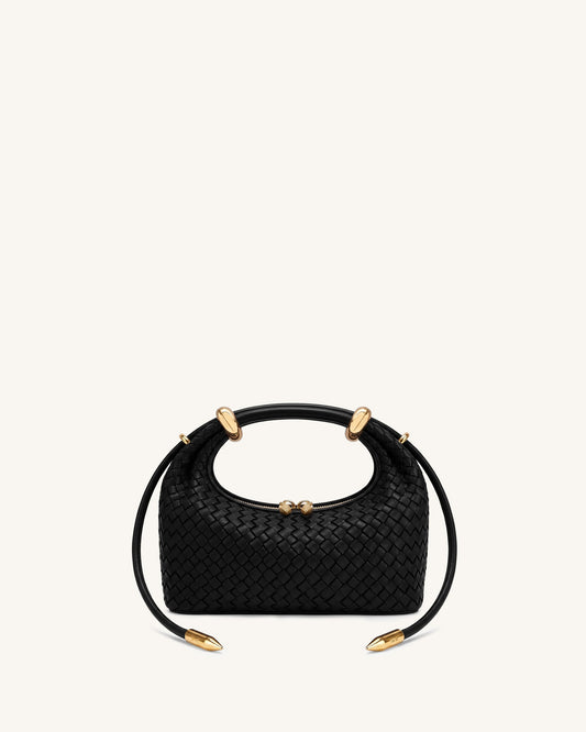 Ellie Woven Metal Ring Embellished Top Handle Bag - Dark Black | JW PEI