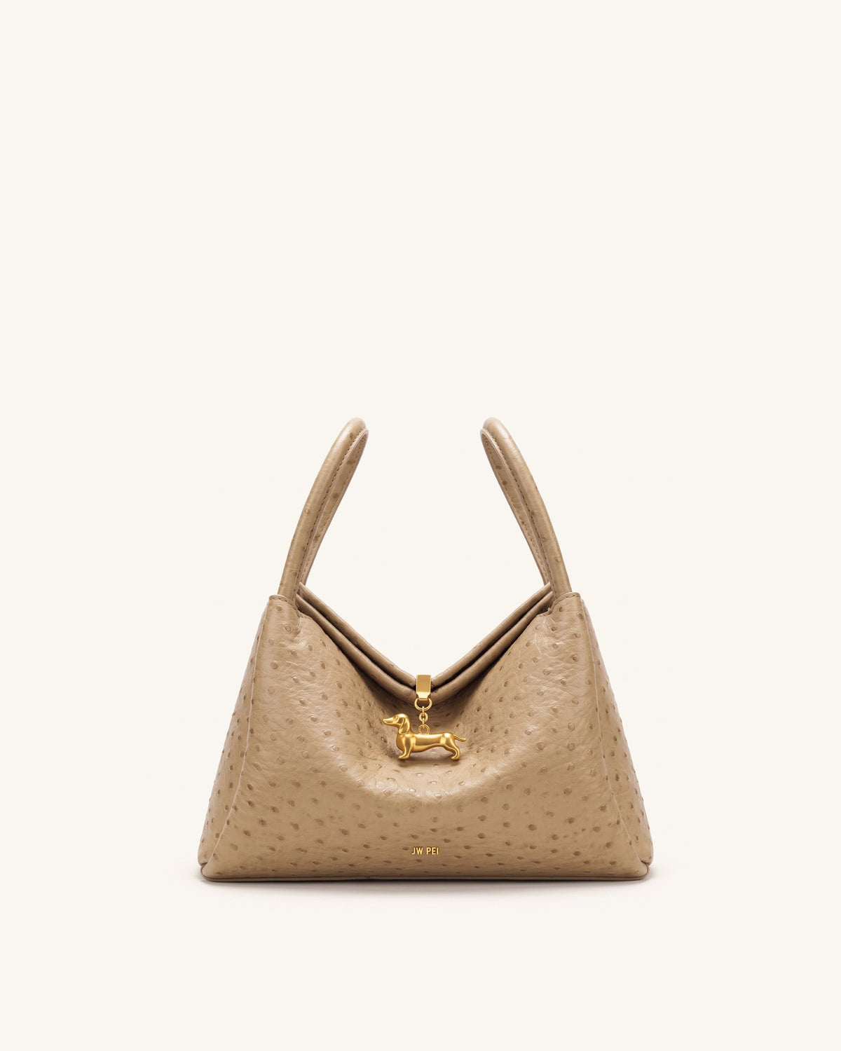 Maelle Faux Ostrich Grain Dachshund Charm Double Handle Bag - Brown | JW PEI