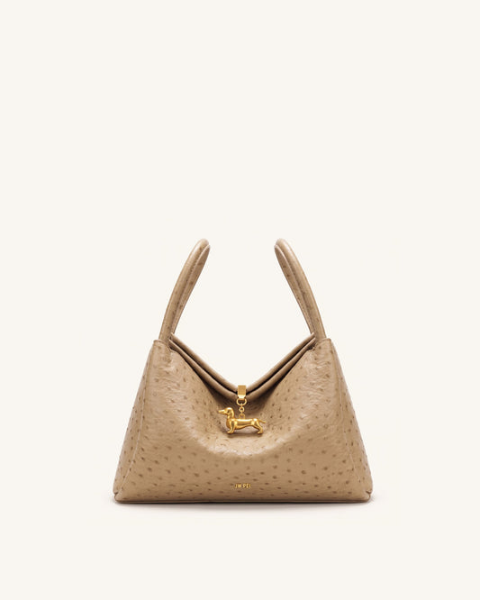 Maelle Faux Ostrich Grain Dachshund Charm Double Handle Bag - Brown | JW PEI
