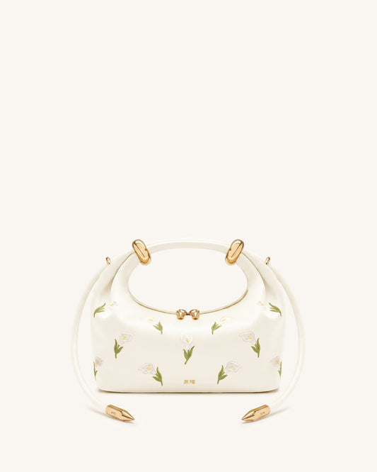 Ellie Satin Finish Embroidered Metal Ring Embellished Top Handle Bag - | JW PEI