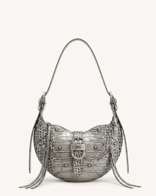Tessa Studded Shoulder Bag - Cement Grey Croc | JW PEI
