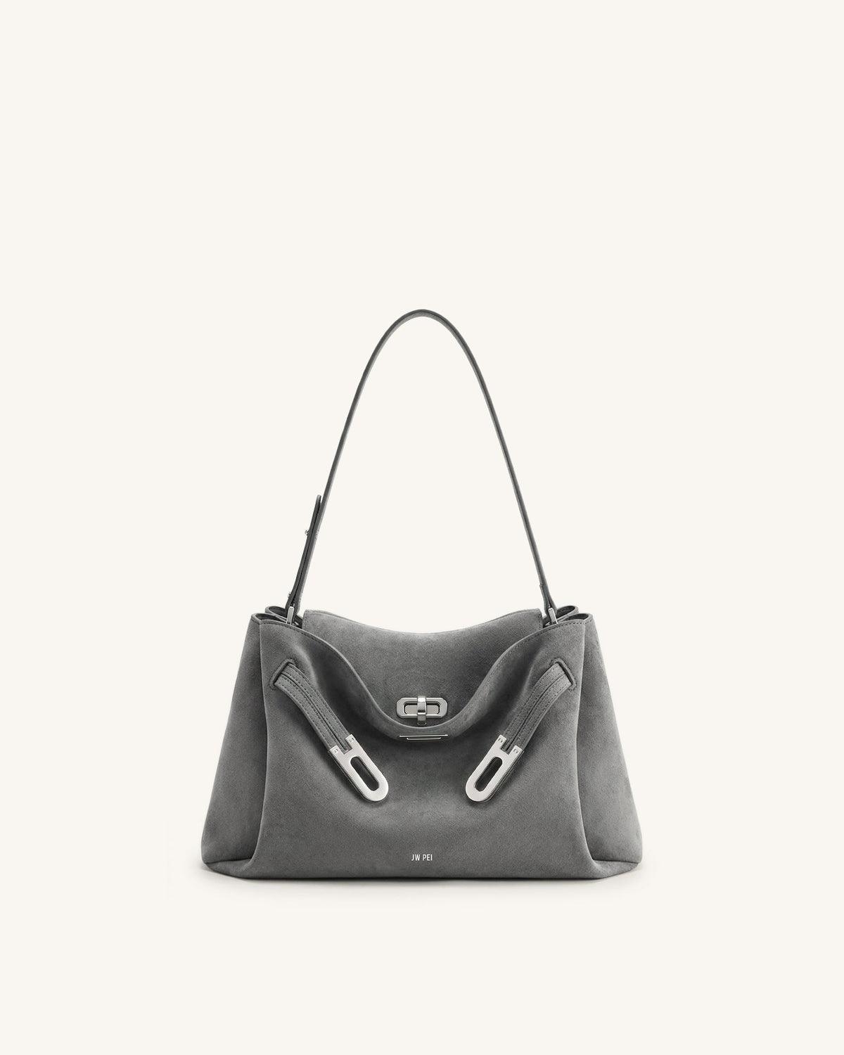 Rhea Faux Suede Double Buckle Shoulder Bag - Grey | JW PEI