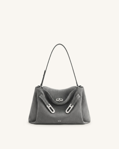 Rhea Faux Suede Double Buckle Shoulder Bag - Grey | JW PEI