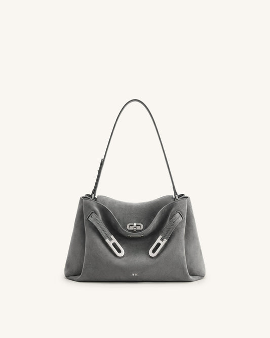 Rhea Faux Suede Double Buckle Shoulder Bag - Grey | JW PEI