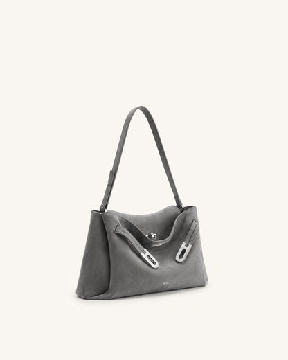 Rhea Faux Suede Double Buckle Shoulder Bag - Grey | JW PEI