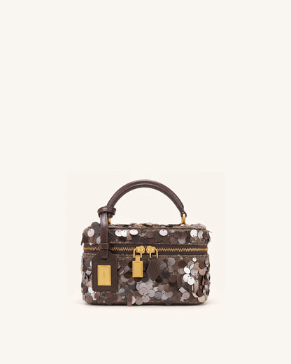 Cleo Metallic Sequin Box Shape Top Handle Bag - Brown | JW PEI