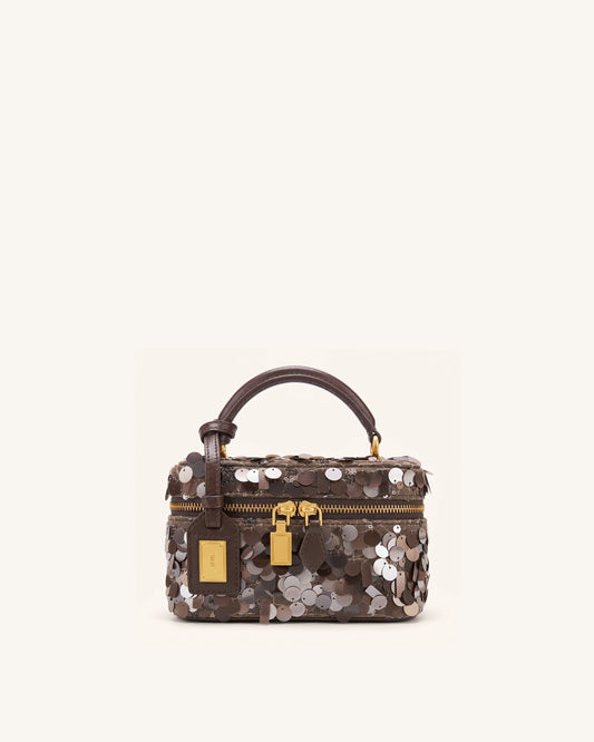 Cleo Metallic Sequin Box Shape Top Handle Bag - Brown | JW PEI