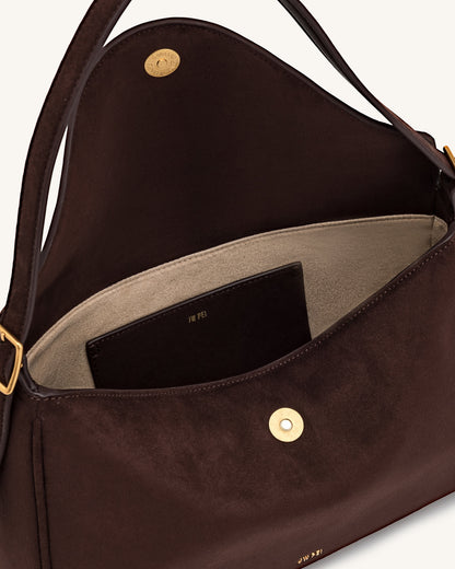 Elowen Faux Suede Flap Shoulder Bag - Dark Brown | JW PEI