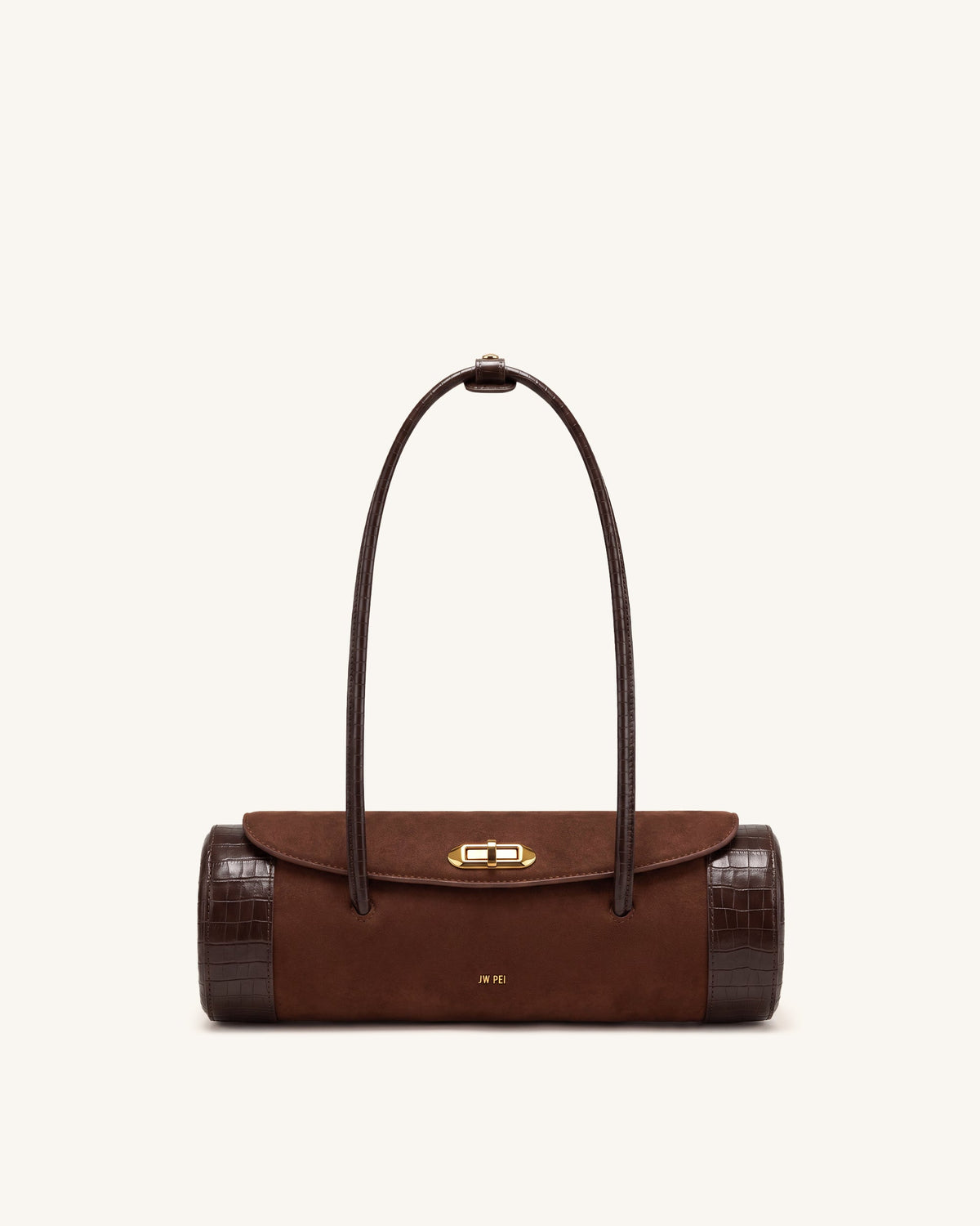 Maelis Faux Suede Croc-Trim Barrel Bag - Dark Brown | JW PEI