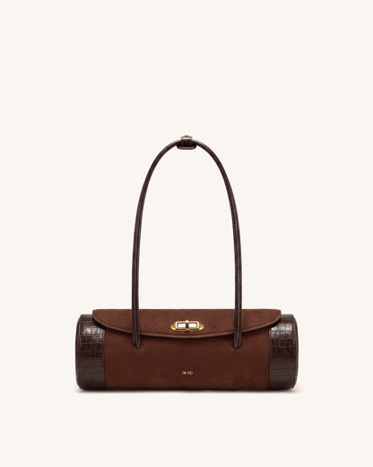 Maelis Faux Suede Croc-Trim Barrel Bag - Dark Brown | JW PEI